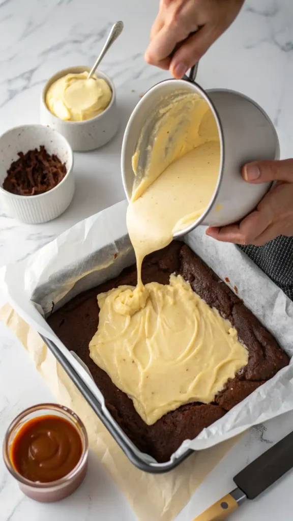 making of Caramel Brownie Cheesecake