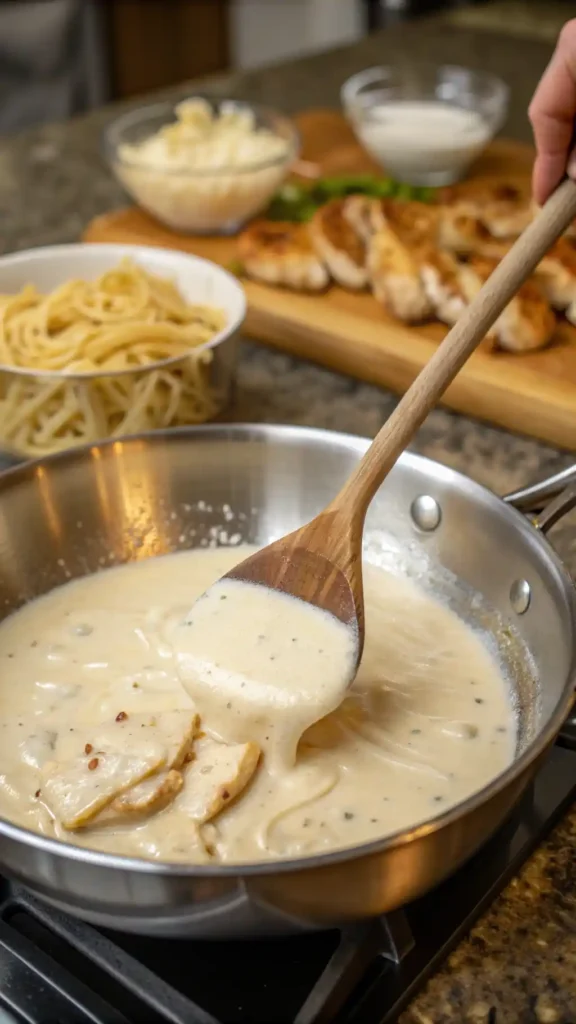 making of Chicken Alfredo