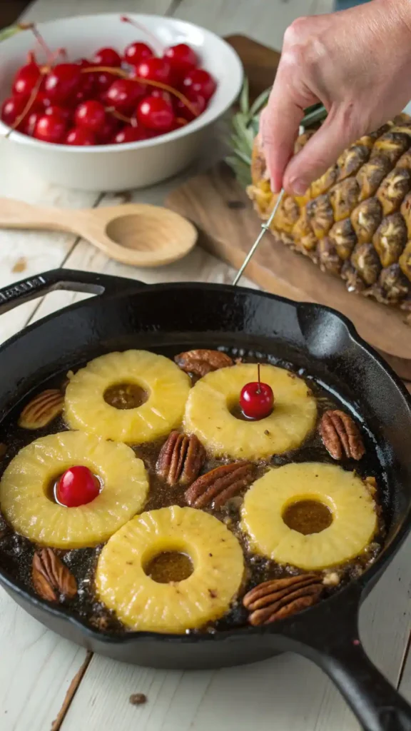 making of Pineapple Upside Down Cake