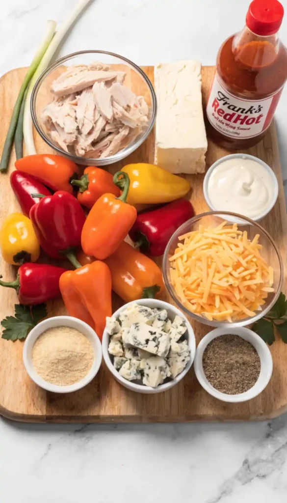 Ingredients for Buffalo Chicken Stuffed Mini Peppers