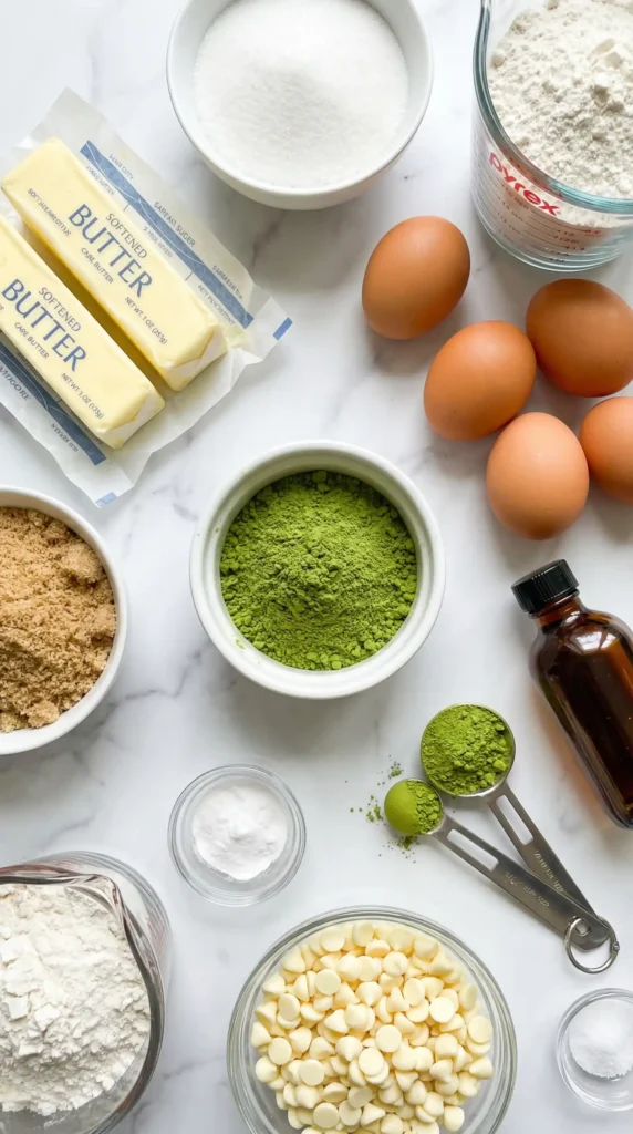 Ingredients for Matcha White Chocolate Cookies