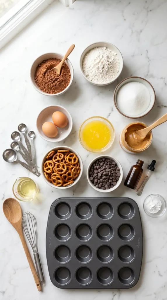 Ingredients for Peanut Butter Pretzel Brownie Bites