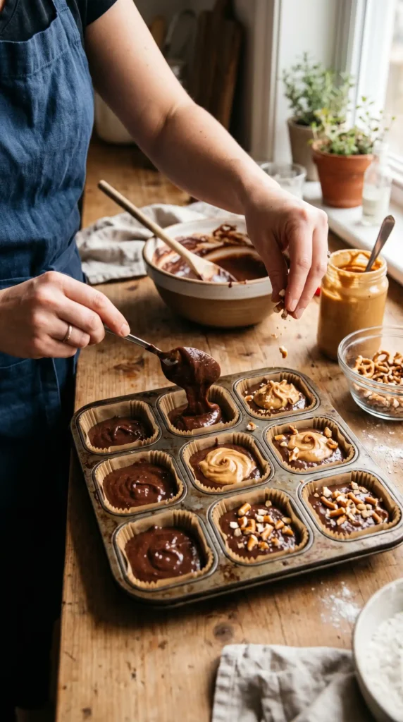 Making of Peanut Butter Pretzel Brownie Bites
