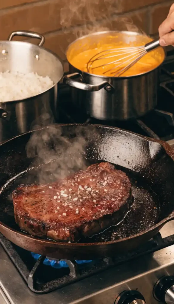 action-cooking-scene-showing-steak-sizzling-in-a-c