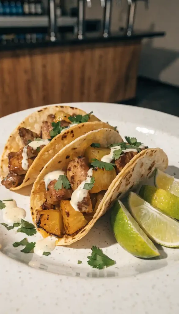 three-assembled-pineapple-chicken-tacos-on-a-plate