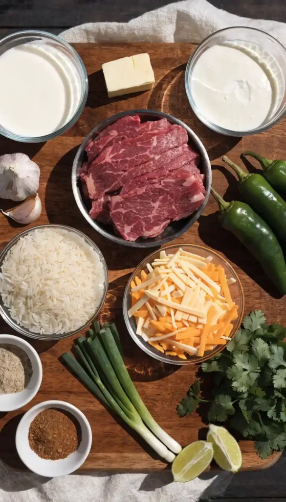 top-down-flat-lay-of-steak-queso-rice-ingredients-