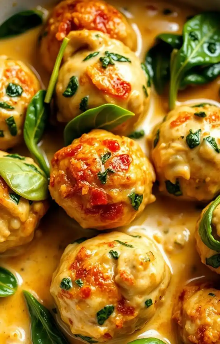 Baked-chicken-ricotta-meatballs-with-spinach-in-creamy-sauce-e1743371003914