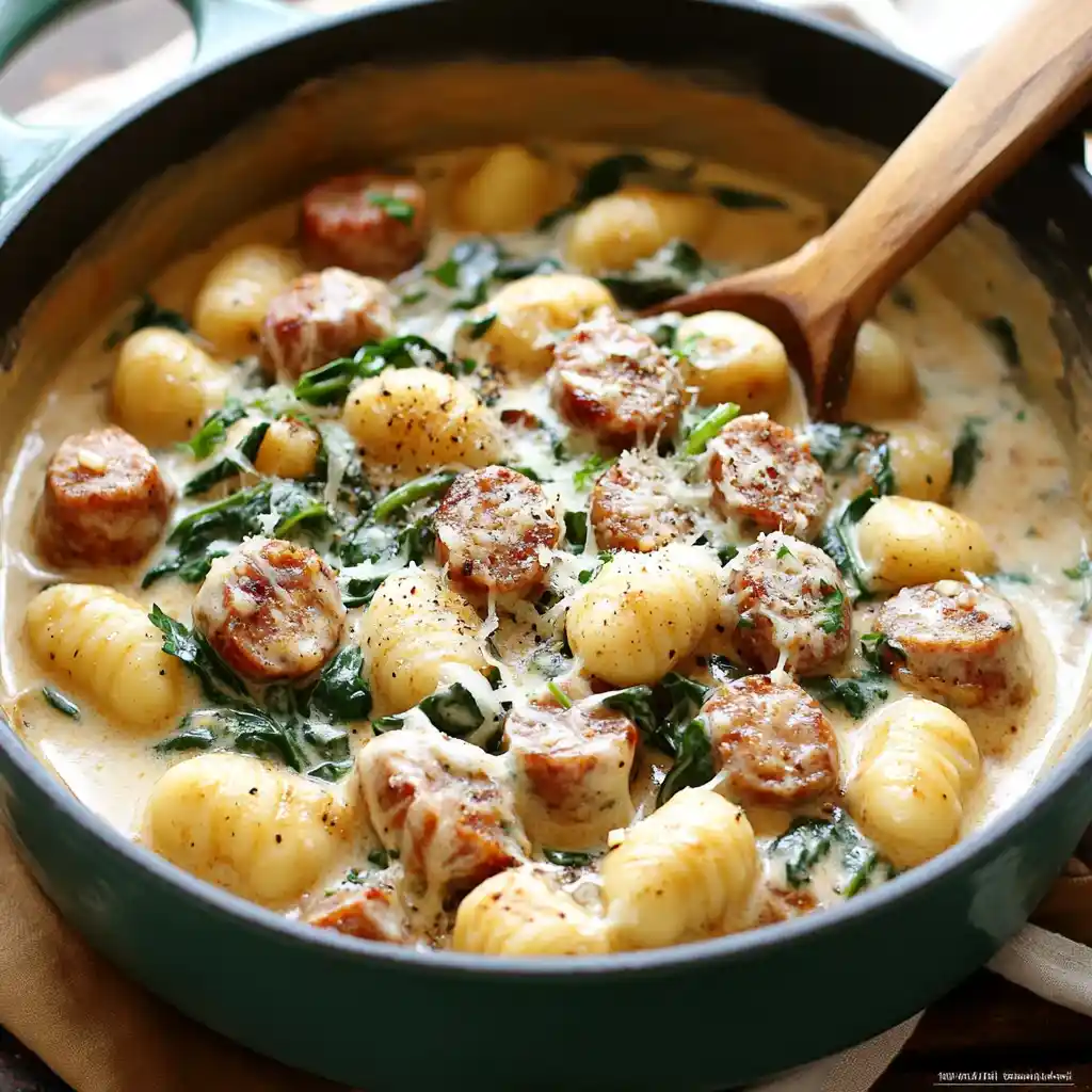 One Pot Creamy Gnocchi with Sausage: A Cozy Delight! April 8, 2025 by Jennifer × Pause Unmute Fullscreen Now Playing × video of: Carrot Gnocchi In Walnut Brown Butter RecipePlay Video Carrot Gnocchi In Walnut Brown Butter Recipe Watch on Video channel logo Carrot Gnocchi In Walnut Brown Butter Recipe PinterestFacebookWhatsAppTumblrRedditX Introduction to One Pot Creamy Gnocchi with Sausage One Pot Creamy Gnocchi with Sausage. This recipe is a delightful blend of flavors and textures, making it perfect for cozy family dinners or a quick weeknight meal. The beauty of this dish lies in its simplicity; everything cooks together in one pot, which means less cleanup and more time to enjoy the company of loved ones. Dishes Tasty 📱 Dishes Tasty App Get it on Google Play Let me take you back to the first time I made this dish. It was a chilly evening, and I wanted something comforting yet easy to prepare. I rummaged through my pantry and found some gnocchi, Italian sausage, and a few fresh ingredients. As I sautéed the sausage, the savory aroma filled my kitchen, instantly lifting my spirits. The creamy sauce enveloped the gnocchi, creating a dish that was not only delicious but also visually appealing. I remember serving it to my family, and their delighted expressions were all the encouragement I needed to make it a regular feature on our dinner table. This recipe is versatile, too! You can easily adjust the spice level by choosing mild or spicy sausage, and adding a pinch of red pepper flakes if you’re feeling adventurous. Plus, the addition of fresh spinach not only adds a pop of color but also packs in some nutrients. I love how this dish brings everyone together, making it a perfect centerpiece for gatherings or a simple family meal. So, if you’re ready to embark on a culinary adventure that’s both easy and satisfying, let’s dive into the ingredients and get cooking! Trust me, your taste buds will thank you. Ingredients for One Pot Creamy Gnocchi with Sausage One Pot Creamy Gnocchi with Sausage One Pot Creamy Gnocchi with Sausage. Having everything ready makes the cooking experience smoother and more enjoyable. Here’s what you’ll need: Main Ingredients 1 pound Italian sausage: You can choose between mild or spicy, depending on your taste. I often go for the spicy variety to give the dish a little kick! 1 tablespoon olive oil: This adds a lovely richness to the dish. I prefer extra virgin olive oil for its robust flavor. 1 onion, chopped: A sweet onion works wonders here, adding depth to the overall flavor. 3 cloves garlic, minced: Fresh garlic is a must! It brings a fragrant aroma that makes your kitchen smell divine. 1 teaspoon Italian seasoning: This blend of herbs is perfect for enhancing the dish’s flavor profile. 1/2 teaspoon red pepper flakes (optional): If you like a bit of heat, sprinkle some in! It’s a great way to customize the spice level. 1 cup chicken broth: Homemade broth is ideal, but store-bought works just fine. It adds a savory base to the sauce. 1 cup heavy cream: This is what makes the dish creamy and luscious. You can substitute with half-and-half for a lighter version. 1 pound gnocchi: Store-bought gnocchi is convenient, but if you’re feeling adventurous, homemade gnocchi is a game-changer! 2 cups fresh spinach: Not only does it add color, but it also boosts the nutritional value of the dish. 1/2 cup grated Parmesan cheese: Freshly grated cheese melts beautifully and adds a salty, nutty flavor. Salt and pepper to taste: Always taste as you go to ensure the perfect seasoning! Fresh parsley, chopped (for garnish): This adds a lovely touch of freshness and color when serving. Optional Add-ons Mushrooms: Sautéed mushrooms can add an earthy flavor that complements the sausage beautifully. Cherry tomatoes: Adding halved cherry tomatoes can bring a burst of sweetness and acidity to balance the creaminess. Other greens: Kale or arugula can be substituted for spinach if you prefer. Different cheeses: Try using mozzarella or goat cheese for a unique twist! When selecting your ingredients, I always recommend going for the freshest options available. Fresh produce and high-quality sausage can elevate this dish from good to absolutely fantastic. Now that we have our ingredients ready, let’s move on to the cooking process! How to Prepare One Pot Creamy Gnocchi with Sausage Now that we have all our ingredients lined up like eager little soldiers, it’s time to get cooking! The process is straightforward, and I promise you’ll be rewarded with a delicious meal that’s sure to impress. Let’s break it down step by step. Step 1: Sauté the Sausage First things first, we need to get that Italian sausage sizzling! In a large pot or Dutch oven, heat the olive oil over medium heat. Once the oil is shimmering, add the sausage. Use a wooden spoon to break it apart as it cooks. You want it to brown nicely, which should take about 5-7 minutes. The aroma will be heavenly! Tips for Step 1 Don’t rush this step! Browning the sausage adds depth to the flavor. If there’s excess grease, feel free to drain some off, but leave a little for flavor. For a fun twist, try adding some chopped bell peppers with the sausage for extra sweetness. Step 2: Add Aromatics and Gnocchi Once the sausage is beautifully browned, it’s time to add the chopped onion and minced garlic. Sauté them for about 2-3 minutes until the onion turns translucent. This is where the magic happens! The flavors meld together, creating a fragrant base. Next, stir in the Italian seasoning and red pepper flakes, cooking for another minute to release those delightful aromas. Now, pour in the chicken broth and heavy cream, stirring to combine. Bring this mixture to a gentle simmer. It’s like a warm hug in a pot! Tips for Step 2 Keep an eye on the heat; you want a gentle simmer, not a rolling boil. Feel free to adjust the amount of red pepper flakes based on your spice preference. If you’re using homemade broth, the flavor will be even richer! Step 3: Incorporate Cream and Cheese Now comes the fun part! Add the gnocchi to the pot, making sure they’re submerged in the creamy goodness. Cook for about 3-5 minutes, or until the gnocchi float to the top and are tender. This is when you’ll see the dish transform into something truly special. Once the gnocchi are ready, stir in the fresh spinach and grated Parmesan cheese. Watch as the spinach wilts and the cheese melts into the sauce, creating a luscious, creamy texture. It’s a sight to behold! Tips for Step 3 Don’t overcook the gnocchi; they should be tender but not mushy. For an extra cheesy experience, feel free to add more Parmesan! Mix gently to avoid breaking the gnocchi. Step 4: Simmer and Serve Finally, it’s time to season with salt and pepper to taste. Give it a good stir and let it simmer for a couple of minutes to meld all those flavors together. Once everything is well combined, it’s ready to serve! Ladle the creamy gnocchi into bowls and garnish with fresh parsley for a pop of color. Tips for Step 4 Always taste before serving; you might want to adjust the seasoning. Serve immediately for the best texture and flavor. Pair it with a simple side salad or crusty bread to soak up the sauce! One Pot Creamy Gnocchi with Sausage that’s sure to become a favorite in your home. Enjoy every creamy, savory bite! Equipment Needed for One Pot Creamy Gnocchi with Sausage One Pot Creamy Gnocchi with Sausage recipe: Large Pot or Dutch Oven: This is essential for cooking everything in one pot. A Dutch oven retains heat well and is perfect for simmering. If you don’t have one, any large, heavy-bottomed pot will do. Wooden Spoon: A sturdy wooden spoon is great for breaking up the sausage and stirring the ingredients. It’s gentle on your cookware and helps prevent scratches. Measuring Cups and Spoons: Accurate measurements are key to achieving the perfect balance of flavors. Make sure you have these handy! Cutting Board and Knife: You’ll need these for chopping the onion and garlic. A sharp knife makes the task easier and safer. Serving Bowls: Once your delicious dish is ready, you’ll want to serve it up in some lovely bowls. Choose ones that can hold a generous portion! One Pot Creamy Gnocchi with Sausage! Variations of One Pot Creamy Gnocchi with Sausage One Pot Creamy Gnocchi with Sausage is no exception! Here are a few variations that I’ve tried and absolutely enjoyed: Vegetarian Delight: Swap the Italian sausage for a plant-based sausage or sautéed mushrooms. This keeps the dish hearty while catering to vegetarian diets. Cheesy Spinach Gnocchi: Add a blend of cheeses like mozzarella and goat cheese for a creamy, cheesy twist. The gooey texture is simply irresistible! Herb Infusion: Experiment with fresh herbs like basil or thyme. Adding them at the end of cooking can elevate the flavor profile and add a fresh aroma. Spicy Kick: If you love heat, consider adding diced jalapeños or a splash of hot sauce along with the red pepper flakes. It’ll give your dish a fiery punch! Seasonal Veggies: Incorporate seasonal vegetables like zucchini or bell peppers. They not only add color but also enhance the nutritional value of the dish. One Pot Creamy Gnocchi with Sausage to suit your taste preferences or dietary needs. I encourage you to get creative and make this dish your own! After all, cooking is all about joy and exploration. Cooking Notes for One Pot Creamy Gnocchi with Sausage One Pot Creamy Gnocchi with Sausage many times, I’ve gathered a few helpful notes that can make your cooking experience even better. Here are some tips to keep in mind: Ingredient Quality: Always opt for fresh ingredients. The flavor of fresh garlic, quality sausage, and vibrant spinach can elevate your dish significantly. Timing is Key: Keep an eye on the gnocchi while they cook. They should float to the top when they’re done, which usually takes just a few minutes. Adjusting Consistency: If you find the sauce too thick, add a splash of chicken broth or water to loosen it up. Conversely, if it’s too thin, let it simmer a bit longer to thicken. Make-Ahead Option: You can prepare the sausage and sauce ahead of time. Just reheat and add the gnocchi and spinach when you’re ready to serve. Leftovers: This dish keeps well in the fridge for a couple of days. Just reheat gently on the stove, adding a splash of cream or broth to revive the sauce. These cooking notes are designed to help you navigate the process smoothly. Cooking should be a joyful experience, and with these tips, you’ll be well on your way to creating a delicious meal that everyone will love! Serving Suggestions for One Pot Creamy Gnocchi with Sausage One Pot Creamy Gnocchi with Sausage, I like to keep it simple yet delightful. This dish is a star on its own, but a few thoughtful accompaniments can elevate the dining experience. Here are some of my favorite serving suggestions: Crusty Bread: A warm, crusty loaf is perfect for soaking up that creamy sauce. I often serve a side of garlic bread or a rustic baguette to complement the meal. Simple Salad: A fresh green salad with a light vinaigrette adds a refreshing contrast to the richness of the gnocchi. I love tossing together mixed greens, cherry tomatoes, and a sprinkle of feta cheese. Wine Pairing: A glass of white wine, like Pinot Grigio or Sauvignon Blanc, pairs beautifully with the creamy flavors. It adds a touch of elegance to the meal. Extra Parmesan: Don’t forget to offer extra grated Parmesan on the side! A little sprinkle on top just before serving can make all the difference. Herb Garnish: Fresh herbs like basil or thyme not only enhance the presentation but also add a burst of flavor. I love to sprinkle some on top right before serving. These serving suggestions not only enhance the meal but also create a warm and inviting atmosphere at the dinner table. Whether it’s a cozy family night or a gathering with friends, these little touches make all the difference. Enjoy your delicious creation! Tips for Making One Pot Creamy Gnocchi with Sausage One Pot Creamy Gnocchi with Sausage, I’ve gathered some handy tips that can help you achieve the best results. These little nuggets of wisdom can make your cooking experience smoother and more enjoyable: Prep Ahead: Chop your onions and garlic before you start cooking. This way, you can focus on the cooking process without any distractions. Don’t Overcrowd the Pot: If you’re making a larger batch, consider using a bigger pot. Overcrowding can lead to uneven cooking. Adjust the Creaminess: If you prefer a lighter dish, feel free to use half-and-half instead of heavy cream. It still gives a nice creaminess without being too rich. Experiment with Flavors: Don’t hesitate to add your favorite spices or herbs. A dash of smoked paprika or fresh basil can add a delightful twist! Gnocchi Cooking Time: Keep a close eye on the gnocchi. They’re done when they float to the top, which usually takes just a few minutes. Overcooking can make them mushy. One Pot Creamy Gnocchi with Sausage. Happy cooking! Breakdown of Time for One Pot Creamy Gnocchi with Sausage One Pot Creamy Gnocchi with Sausage is not only delicious but also quick to prepare. Here’s a handy breakdown of the time involved: Prep Time: About 10 minutes. This includes chopping the onion, mincing the garlic, and gathering all your ingredients. Having everything ready makes the cooking process a breeze! Cooking Time: Approximately 20 minutes. This covers sautéing the sausage, adding the aromatics, and cooking the gnocchi until they’re perfectly tender. Total Time: Around 30 minutes. In just half an hour, you can have a comforting, creamy dish ready to serve! One Pot Creamy Gnocchi with Sausage is a fantastic choice that won’t keep you in the kitchen for long. Enjoy the process and the delicious results! Nutritional Information for One Pot Creamy Gnocchi with Sausage One Pot Creamy Gnocchi with Sausage is not only delicious but also provides a satisfying balance of nutrients. Here’s a general breakdown of the nutritional information per serving (based on 6 servings): Calories: Approximately 450-500 calories Protein: About 20-25 grams Carbohydrates: Roughly 40-45 grams Fat: Around 25-30 grams Saturated Fat: Approximately 12-15 grams Fiber: About 2-3 grams Sodium: Roughly 800-900 mg Keep in mind that these values can vary based on the specific ingredients you use, such as the type of sausage or the amount of cheese. If you’re looking to lighten the dish, consider using less cream or opting for a lower-fat sausage. Regardless, this dish is a comforting and hearty option that can fit into a balanced diet. Enjoy every creamy bite while savoring the flavors and the nutrition it brings! Frequently Asked Questions about One Pot Creamy Gnocchi with Sausage One Pot Creamy Gnocchi with Sausage recipe with friends and family, I’ve noticed a few common questions pop up. I love that cooking sparks curiosity, so I’m here to answer some of those frequently asked questions. Let’s dive in! Can I use frozen gnocchi for this recipe? Absolutely! Frozen gnocchi works perfectly in this dish. Just toss them in straight from the freezer, and they’ll cook up beautifully in the creamy sauce. It’s a great time-saver! What can I substitute for heavy cream? If you’re looking for a lighter option, half-and-half is a fantastic substitute. You can also use whole milk, but keep in mind that the sauce will be less creamy. For a dairy-free version, try coconut cream or a plant-based cream alternative. How do I store leftovers? Leftovers can be stored in an airtight container in the fridge for up to 3 days. When reheating, add a splash of chicken broth or cream to loosen the sauce, as it may thicken in the fridge. Can I make this dish vegetarian? Yes! Simply replace the Italian sausage with a plant-based sausage or sautéed mushrooms. You can also add more veggies like bell peppers or zucchini for extra flavor and texture. What should I serve with this dish? This creamy gnocchi pairs wonderfully with a simple green salad or some crusty bread to soak up the sauce. A glass of white wine also complements the flavors beautifully! How can I make this dish spicier? If you love heat, consider adding more red pepper flakes or even some diced jalapeños. You can also use spicy Italian sausage for an extra kick! One Pot Creamy Gnocchi with Sausage. Cooking is all about exploration and enjoyment, so don’t hesitate to experiment and make this dish your own! Conclusion on One Pot Creamy Gnocchi with Sausage One Pot Creamy Gnocchi with Sausage is more than just a meal; it’s an experience that brings warmth and comfort to the dinner table. With its rich, creamy sauce and hearty ingredients, this dish is perfect for any occasion, whether it’s a cozy family night or a gathering with friends. The beauty of cooking it all in one pot means less cleanup and more time to savor the delicious flavors. What I love most about this recipe is its versatility. You can easily customize it to suit your taste preferences or dietary needs, making it a dish that everyone can enjoy. Plus, the quick preparation time means you can whip it up even on the busiest of weeknights. So, gather your ingredients, roll up your sleeves, and dive into this delightful culinary adventure. I promise, your taste buds will be dancing with joy!