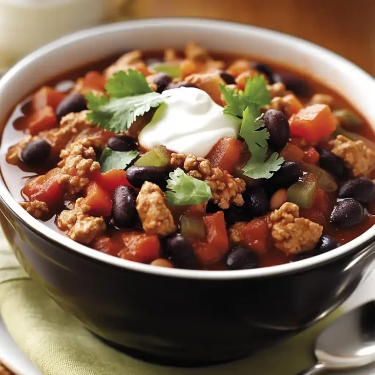 Turkey and Bean Chili: A Quick, Hearty Delight! April 9, 2025 by Jennifer Jump to Recipe Print Recipe PinterestFacebookWhatsAppTumblrRedditX Introduction to Turkey and Bean Chili As a busy mom, I know how challenging it can be to whip up a meal that’s both quick and satisfying. That’s where my Turkey and Bean Chili comes in! This hearty dish is not just a comforting bowl of goodness; it’s a lifesaver on those hectic days when time is short. With its rich flavors and nutritious ingredients, it’s perfect for impressing your loved ones or simply enjoying a cozy night in. Trust me, once you try this recipe, it’ll become a staple in your kitchen, bringing warmth and joy to your family table. × Pause Unmute Fullscreen Now Playing × video of: Chipotle Turkey Chili RecipePlay Video Chipotle Turkey Chili Recipe Watch on Video channel logo Chipotle Turkey Chili Recipe Dishes Tasty 📱 Dishes Tasty App Get it on Google Play Why You’ll Love This Turkey and Bean Chili This Turkey and Bean Chili is a game-changer for busy nights. It’s not only quick to prepare, but it also packs a punch of flavor that will leave your family asking for seconds. With wholesome ingredients and a one-pot method, cleanup is a breeze. Plus, it’s versatile enough to cater to picky eaters, making it a perfect choice for everyone at the table. You’ll love how it warms both your heart and your home! Ingredients for Turkey and Bean Chili Turkey and Bean Chili Gathering the right ingredients is the first step to creating a delicious Turkey and Bean Chili. Here’s what you’ll need: Ground turkey: A lean protein that keeps the dish healthy and hearty. Black beans: These add a creamy texture and are packed with fiber. Kidney beans: A classic chili ingredient that brings a robust flavor and additional protein. Diced tomatoes: They provide a juicy base and a burst of acidity to balance the flavors. Onion: A must-have for depth of flavor; it caramelizes beautifully when sautéed. Garlic: This aromatic ingredient adds a punch of flavor that elevates the entire dish. Bell pepper: Sweet and colorful, it adds crunch and nutrition. Chili powder: The star spice that gives chili its signature warmth and depth. Cumin: This earthy spice enhances the chili’s flavor profile, making it irresistible. Smoked paprika: Adds a subtle smokiness that takes the dish to the next level. Salt and pepper: Essential for seasoning; adjust to your taste. Olive oil: Used for sautéing, it adds richness and helps cook the vegetables. Chicken broth: This adds moisture and depth; feel free to use low-sodium for a healthier option. Fresh cilantro: Optional, but it brings a fresh, vibrant touch when garnished. Sour cream: A creamy topping that balances the spice and adds a delightful richness. For exact measurements, check the bottom of the article where you can find everything listed for easy printing. Feel free to get creative with your ingredients! You can add corn for sweetness or zucchini for extra veggies. The possibilities are endless! How to Make Turkey and Bean Chili Step 1: Sauté the Vegetables Start by heating the olive oil in a large pot or Dutch oven over medium heat. Once the oil is shimmering, toss in the chopped onion and bell pepper. Sauté them for about five minutes until they soften and become fragrant. The colors will brighten, and your kitchen will start to smell amazing! Just before they’re done, add the minced garlic and cook for another minute. This step builds a flavorful base for your Turkey and Bean Chili. Step 2: Brown the Turkey Next, add the ground turkey to the pot. Use a wooden spoon to break it up as it cooks. Stir it around until it’s browned, which should take about five to seven minutes. Keep an eye on it to ensure it cooks evenly. If you notice any excess fat, feel free to drain it off. This keeps your chili lean and healthy, while still being hearty and satisfying. Step 3: Add Spices Now it’s time to spice things up! Stir in the chili powder, cumin, smoked paprika, salt, and pepper. Make sure to mix everything well so that the turkey and vegetables are evenly coated with those delicious spices. This is where the magic happens, and your Turkey and Bean Chili starts to come alive with flavor! Step 4: Combine Ingredients Pour in the diced tomatoes along with their juices, the black beans, kidney beans, and chicken broth. Give everything a good stir to combine. Bring the mixture to a boil, then reduce the heat to low. Let it simmer uncovered for about 30 to 40 minutes, stirring occasionally. This allows the flavors to meld beautifully, creating a rich and comforting chili that’s perfect for any occasion. Step 5: Final Touches Once your chili has simmered, it’s time to taste and adjust the seasoning. Add more salt or pepper if needed. Serve your Turkey and Bean Chili hot, garnished with fresh cilantro and a dollop of sour cream if you like. This final touch adds a creamy contrast to the spicy chili, making each bite a delightful experience! Tips for Success Prep your ingredients ahead of time to save precious minutes during cooking. Don’t skip the simmering step; it enhances the flavors beautifully. Adjust the spice level by adding more chili powder or a dash of hot sauce. For a thicker chili, let it simmer longer or mash some beans against the pot. Store leftovers in an airtight container for easy meals later in the week. Equipment Needed Large pot or Dutch oven: Essential for even cooking; a deep skillet works too. Wooden spoon: Perfect for stirring; a spatula can also do the job. Measuring cups and spoons: Handy for precise ingredient amounts; you can eyeball if you’re confident! Cutting board and knife: For chopping veggies; a food processor can speed things up. Variations of Turkey and Bean Chili Vegetarian Option: Substitute ground turkey with lentils or a mix of your favorite beans for a hearty vegetarian chili. Spicy Kick: Add diced jalapeños or a splash of hot sauce to turn up the heat and add a zesty flavor. Sweet and Savory: Toss in some corn or diced sweet potatoes for a touch of sweetness that balances the spices. Low-Carb Version: Replace beans with chopped cauliflower or zucchini to keep it low-carb while still being filling. Smoky Flavor: Incorporate chipotle peppers in adobo sauce for a smoky, rich depth that elevates the chili. Serving Suggestions for Turkey and Bean Chili Pair with warm cornbread or crusty bread for a comforting meal. Serve alongside a fresh green salad to balance the richness of the chili. Top with shredded cheese, avocado slices, or jalapeños for extra flavor. Enjoy with a chilled glass of iced tea or a light beer. FAQs about Turkey and Bean Chili Can I make Turkey and Bean Chili in a slow cooker? Absolutely! Just brown the turkey and sauté the vegetables first, then transfer everything to your slow cooker. Cook on low for 6-8 hours or high for 3-4 hours. This method allows the flavors to deepen beautifully. How can I store leftovers of Turkey and Bean Chili? Store any leftovers in an airtight container in the refrigerator for up to three days. You can also freeze it for up to three months. Just make sure to let it cool completely before freezing! Can I use different types of beans in this chili? Definitely! Feel free to mix and match your favorite beans. Pinto beans, navy beans, or even chickpeas can add a unique twist to your Turkey and Bean Chili. Is this Turkey and Bean Chili spicy? The spice level is adjustable! If you prefer a milder chili, reduce the chili powder or skip the jalapeños. For a spicier kick, add more chili powder or some diced jalapeños. What can I serve with Turkey and Bean Chili? This chili pairs wonderfully with cornbread, a fresh salad, or even over rice. You can also top it with cheese, avocado, or sour cream for added flavor and creaminess! Final Thoughts Cooking this Turkey and Bean Chili is more than just preparing a meal; it’s about creating moments of joy and warmth in your home. The rich aromas wafting through your kitchen will draw your family together, sparking conversations and laughter. Each spoonful is a comforting hug, reminding us of the simple pleasures in life. Whether it’s a busy weeknight or a cozy weekend gathering, this chili is sure to impress. I hope it brings as much happiness to your table as it has to mine. Enjoy every delicious bite, and don’t forget to share the love!