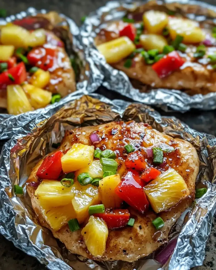 Teriyaki Chicken Pineapple Foil Packets: A Flavorful Delight! April 4, 2025 by Jennifer PinterestFacebookWhatsAppTumblrRedditX Introduction to Teriyaki Chicken Pineapple Foil Packets As a passionate home cook, I find joy in creating meals that not only taste amazing but also bring a sense of adventure to the dinner table. One of my favorite recipes that perfectly embodies this spirit is Teriyaki Chicken Pineapple Foil Packets. This dish is a delightful fusion of sweet and savory flavors, and it’s incredibly easy to prepare. The first time I made it, I was amazed at how simple it was to create a meal that felt like a culinary escape to a tropical paradise. Dishes Tasty 📱 Dishes Tasty App Get it on Google Play Picture this: the sun is shining, and the grill is heating up. I can already smell the tantalizing aroma of teriyaki sauce mingling with juicy chicken and fresh pineapple. It’s like a mini-vacation right in my backyard! The beauty of foil packets is that they lock in all the flavors while keeping the chicken tender and moist. Plus, cleanup is a breeze—just toss the foil when you’re done! What I love most about this recipe is its versatility. You can easily customize it with your favorite vegetables or even swap out the chicken for shrimp or tofu. It’s a dish that invites creativity, and I often find myself experimenting with different ingredients based on what I have on hand. Whether I’m cooking for family or hosting friends, Teriyaki Chicken Pineapple Foil Packets never fail to impress. So, if you’re looking for a fun and flavorful meal that’s perfect for any occasion, you’ve come to the right place. Let’s dive into the ingredients and get started on this delicious journey together! Ingredients for Teriyaki Chicken Pineapple Foil Packets Teriyaki Chicken Pineapple Foil Packets Before we embark on this culinary adventure, let’s gather all the ingredients we need for our Teriyaki Chicken Pineapple Foil Packets. I always believe that the quality of ingredients can make or break a dish, so I recommend using fresh produce whenever possible. Here’s what you’ll need: Main Ingredients 4 boneless, skinless chicken breasts 1 cup fresh pineapple, diced 1/2 cup teriyaki sauce 1 red bell pepper, sliced 1 green bell pepper, sliced 1 small red onion, sliced 2 cloves garlic, minced 1 tablespoon olive oil Salt and pepper to taste When selecting chicken, I always opt for organic or free-range if I can. It not only tastes better but also supports better farming practices. For the pineapple, fresh is best! The sweetness and juiciness of fresh pineapple elevate the dish to a whole new level. If you can’t find fresh pineapple, canned pineapple in juice (not syrup) can work in a pinch, but I promise, the fresh stuff is worth it! Optional Add-ons Cooked rice or quinoa, for serving Chopped green onions, for garnish Sesame seeds, for an extra crunch Other vegetables like snap peas or carrots, for added color and nutrition Feel free to get creative! I often toss in whatever veggies I have lying around. It’s a great way to use up leftovers and add a splash of color to the dish. Plus, it makes each packet unique, just like a little surprise waiting to be unwrapped! How to Prepare Teriyaki Chicken Pineapple Foil Packets Now that we have our ingredients ready, it’s time to roll up our sleeves and dive into the preparation of these delightful Teriyaki Chicken Pineapple Foil Packets. I promise, the process is as enjoyable as the final dish! Let’s break it down step by step. × Pause Unmute Fullscreen Now Playing × video of: Teriyaki Chicken Crunch Salad RecipePlay Video Teriyaki Chicken Crunch Salad Recipe Watch on Video channel logo Teriyaki Chicken Crunch Salad Recipe Step 1: Prepare the Chicken First things first, we need to get our chicken ready. I like to start by trimming any excess fat from the chicken breasts. This helps ensure that every bite is tender and juicy. Once that’s done, I season the chicken with a sprinkle of salt and pepper. This simple step enhances the flavor and sets the stage for the teriyaki sauce to shine. Tips for Choosing the Right Chicken When selecting chicken, I always look for organic or free-range options. Not only do they taste better, but they also come from healthier farming practices. If you can, try to find chicken breasts that are uniform in size. This way, they cook evenly, and you won’t end up with some pieces overcooked while others are still pink. Step 2: Prepare the Pineapple Next up is the pineapple! If you’re using fresh pineapple, grab a sharp knife and carefully slice off the skin. Then, cut the fruit into bite-sized pieces. The sweet, juicy chunks will add a burst of flavor to our dish. If you’re using canned pineapple, just drain it well and set it aside. Tips for Fresh vs. Canned Pineapple Fresh pineapple is my go-to because it brings a vibrant sweetness that canned just can’t match. However, if you’re in a pinch, canned pineapple works too! Just make sure it’s packed in juice, not syrup, to keep the flavors balanced. And remember, the more pineapple, the merrier! Step 3: Assemble the Foil Packets Now comes the fun part—assembling our foil packets! Lay out four large pieces of aluminum foil on a flat surface. Place one chicken breast in the center of each piece. Then, spoon the pineapple and vegetable mixture over the chicken. I love to pile it high; it makes for a colorful presentation! Tips for Proper Sealing When folding the foil, make sure to seal the packets tightly. I usually fold the sides over the chicken and then fold the top down, creating a little pouch. This helps trap all the delicious juices inside while cooking. Just be careful not to make the packets too tight; you want to leave a little space for steam to circulate. Step 4: Cooking the Packets Finally, it’s time to cook our delicious creations! Preheat your grill to medium-high heat or your oven to 400°F (200°C). Place the foil packets on the grill or in the oven and let them cook for about 25-30 minutes. The chicken should reach an internal temperature of 165°F (75°C) when it’s done. Tips for Cooking on the Grill vs. Oven If you’re grilling, keep an eye on the packets to avoid flare-ups. The grill adds a lovely smoky flavor that I adore! If you’re using the oven, just set a timer and relax. Either way, the aroma wafting through your kitchen or backyard will have everyone eagerly waiting for dinner! Equipment Needed for Teriyaki Chicken Pineapple Foil Packets Before we get cooking, let’s make sure we have all the right tools at our fingertips. The beauty of Teriyaki Chicken Pineapple Foil Packets is that you don’t need a lot of fancy equipment. Here’s what I typically use: Aluminum foil: This is essential for creating our packets. I prefer heavy-duty foil to prevent any tears during cooking. Mixing bowl: A large bowl is perfect for combining all the ingredients. It makes tossing everything together a breeze! Sharp knife: A good knife is key for chopping the chicken and vegetables. It makes prep work quick and easy. Cutting board: This is where all the chopping magic happens. A sturdy cutting board will keep your workspace tidy. Grill or oven: You can use either! If you’re grilling, make sure it’s preheated. If you’re using the oven, set it to 400°F (200°C). Meat thermometer: This handy tool ensures your chicken is cooked to perfection, reaching that safe internal temperature of 165°F (75°C). If you don’t have a meat thermometer, don’t worry! Just cut into the chicken to check that it’s no longer pink inside. And if you’re out of aluminum foil, you can use parchment paper, but be sure to seal it well to keep the juices in. With these simple tools, you’ll be well on your way to creating a delicious meal that’s sure to impress! Variations of Teriyaki Chicken Pineapple Foil Packets Teriyaki Chicken Pineapple Foil Packets One of the things I adore about Teriyaki Chicken Pineapple Foil Packets is their flexibility. You can easily switch things up to suit your taste or what you have on hand. Here are a few variations that I’ve tried and loved: Protein Swaps: Instead of chicken, try shrimp or tofu for a different twist. Both options soak up the teriyaki sauce beautifully and add their unique flavors. Veggie Medley: Feel free to mix in other vegetables like zucchini, broccoli, or snap peas. Each veggie brings its own texture and taste, making every packet a delightful surprise! Spicy Kick: If you enjoy a bit of heat, add sliced jalapeños or a sprinkle of red pepper flakes to the mix. It’s a great way to spice things up! Fruit Fusion: Experiment with other fruits like mango or bell peppers. They add a sweet and tangy flavor that pairs wonderfully with the teriyaki sauce. Herb Infusion: Toss in fresh herbs like cilantro or basil for an aromatic touch. They elevate the dish and add a burst of freshness. These variations not only keep the recipe exciting but also allow you to cater to different dietary preferences. I love how each time I make these foil packets, they can be a completely new experience. So, don’t hesitate to get creative and make this dish your own! Cooking Notes for Teriyaki Chicken Pineapple Foil Packets As I’ve learned through my culinary adventures, a few cooking notes can make all the difference in achieving the perfect Teriyaki Chicken Pineapple Foil Packets. Here are some tips that I always keep in mind: Marinating Time: If you have a little extra time, consider marinating the chicken in teriyaki sauce for 30 minutes to an hour before assembling the packets. This step enhances the flavor and makes the chicken even more delicious! Don’t Overcrowd: When assembling the packets, avoid overstuffing them. Each ingredient needs space to cook evenly. A little room allows the steam to circulate, ensuring everything cooks perfectly. Check for Doneness: Always use a meat thermometer to check the chicken’s internal temperature. It should reach 165°F (75°C) for safe consumption. If you don’t have one, cut into the thickest part of the chicken to ensure it’s no longer pink. Resting Time: After cooking, let the packets rest for a few minutes before opening. This allows the juices to redistribute, making the chicken even juicier and more flavorful. Watch the Steam: When opening the foil packets, be cautious of the steam that escapes. It can be quite hot! I usually open them away from my face to avoid any surprises. These cooking notes have helped me refine my technique over time. Each time I make these foil packets, I’m reminded of how simple adjustments can elevate the dish. Happy cooking! Serving Suggestions for Teriyaki Chicken Pineapple Foil Packets Now that our Teriyaki Chicken Pineapple Foil Packets are ready, it’s time to think about how to serve this delightful dish! I love to make the presentation as appealing as the flavors. Here are some of my favorite serving suggestions that elevate the meal: Over a Bed of Rice or Quinoa: Serving the chicken and veggies over a fluffy bed of cooked rice or quinoa adds a hearty touch. The grains soak up the delicious teriyaki sauce, making every bite a flavor explosion! Garnish with Fresh Herbs: A sprinkle of chopped green onions or fresh cilantro on top adds a pop of color and freshness. It’s like the cherry on top of a sundae! Serve with Extra Sauce: If you love that teriyaki flavor, drizzle a little extra sauce over the top before serving. It’s a simple way to enhance the taste and make it even more irresistible. Pair with a Side Salad: A light, refreshing salad on the side complements the richness of the foil packets. I often whip up a simple cucumber and carrot salad dressed with a splash of rice vinegar. Offer a Variety of Dipping Sauces: For a fun twist, set out small bowls of different dipping sauces like sweet chili sauce or soy sauce. It allows everyone to customize their meal to their liking! These serving suggestions not only make the meal more enjoyable but also create a beautiful spread that’s sure to impress your family and friends. I always find that a little extra thought in presentation can turn a simple dinner into a memorable feast! Tips for Perfecting Teriyaki Chicken Pineapple Foil Packets As I’ve experimented with Teriyaki Chicken Pineapple Foil Packets over the years, I’ve gathered a treasure trove of tips that can help you achieve perfection every time. Here are some of my favorite nuggets of wisdom to elevate your cooking experience: Use Quality Teriyaki Sauce: The sauce is the star of the show! Opt for a high-quality teriyaki sauce that’s rich in flavor. If you have time, consider making your own for a personal touch. Chop Ingredients Uniformly: To ensure even cooking, chop your vegetables and chicken into similar-sized pieces. This way, everything cooks at the same rate, and you won’t have any surprises! Experiment with Marinades: If you want to take the flavor up a notch, marinate the chicken in teriyaki sauce for a few hours before cooking. It infuses the meat with even more deliciousness. Don’t Skip the Olive Oil: Adding olive oil to the vegetable mixture not only enhances flavor but also helps prevent sticking. It’s a small step that makes a big difference! Let the Packets Rest: After cooking, let the foil packets sit for a few minutes before opening. This resting time allows the juices to settle, making the chicken even more succulent. These tips have transformed my cooking experience, making each meal a delightful adventure. I hope they inspire you to create your own perfect Teriyaki Chicken Pineapple Foil Packets that will leave everyone asking for seconds! Breakdown of Time for Teriyaki Chicken Pineapple Foil Packets Teriyaki Chicken Pineapple Foil Packets When it comes to cooking, I always appreciate knowing how much time I need to set aside. It helps me plan my day and ensures that I can enjoy the cooking process without feeling rushed. Here’s a quick breakdown of the time involved in making these delicious Teriyaki Chicken Pineapple Foil Packets: Prep Time: Approximately 15-20 minutes. This includes gathering your ingredients, chopping the vegetables, and preparing the chicken. I find that having everything prepped and ready makes the cooking process smoother and more enjoyable. Cooking Time: About 25-30 minutes. Whether you’re grilling or baking, this is the time it takes for the chicken to cook through and the flavors to meld beautifully. The aroma wafting through the air during this time is simply irresistible! Total Time: Roughly 40-50 minutes. This is the combined time for both prep and cooking. In less than an hour, you can have a flavorful, colorful meal ready to impress your family or guests. Knowing this time breakdown helps me fit this recipe into my busy schedule. Plus, it’s always a joy to see how quickly a delicious meal can come together. I hope this helps you plan your cooking adventure with Teriyaki Chicken Pineapple Foil Packets! Nutritional Information for Teriyaki Chicken Pineapple Foil Packets As a home cook, I always pay attention to the nutritional value of the meals I prepare. It’s important to me that my family enjoys delicious food while also getting the nutrients they need. Here’s a general breakdown of the nutritional information for one serving of Teriyaki Chicken Pineapple Foil Packets, assuming the recipe serves four: Calories: Approximately 350-400 calories Protein: About 30 grams Carbohydrates: Roughly 30 grams Fat: Around 10 grams Sugar: Approximately 8 grams (mostly from the pineapple) Sodium: About 600-800 mg (depending on the teriyaki sauce used) This dish is a great source of lean protein from the chicken, while the pineapple and bell peppers add vitamins and minerals. If you serve it over rice or quinoa, you’ll also get a healthy dose of carbohydrates to fuel your day. I love knowing that I’m serving a meal that’s not only tasty but also packed with goodness! Frequently Asked Questions about Teriyaki Chicken Pineapple Foil Packets As I’ve shared my love for Teriyaki Chicken Pineapple Foil Packets, I’ve often received questions from fellow home cooks eager to try this delightful dish. Here are some of the most common questions I’ve encountered, along with my answers to help you on your culinary journey! Can I use frozen chicken for this recipe? Absolutely! If you’re using frozen chicken, just make sure to thaw it completely before cooking. I usually place it in the refrigerator overnight. Cooking from frozen can lead to uneven cooking, and we want that chicken to be perfectly tender and juicy! What if I don’t have teriyaki sauce? No worries! If you don’t have teriyaki sauce on hand, you can make a quick substitute using soy sauce, honey, and a splash of rice vinegar. Mix them together, and you’ll have a tasty alternative that works beautifully in this recipe! Can I make these foil packets ahead of time? Yes, you can! I often prepare the foil packets in advance and store them in the refrigerator for up to 24 hours. Just remember to add a few extra minutes to the cooking time if they’re coming straight from the fridge. It’s a great way to save time on busy weeknights! What vegetables can I use instead of bell peppers? The beauty of this recipe is its versatility! You can swap out bell peppers for any of your favorite vegetables. I’ve used zucchini, broccoli, and even asparagus. Just make sure to cut them into similar sizes for even cooking! How do I know when the chicken is done cooking? The best way to check for doneness is to use a meat thermometer. The chicken should reach an internal temperature of 165°F (75°C). If you don’t have a thermometer, you can cut into the thickest part of the chicken to ensure it’s no longer pink inside. Trust me, you want to avoid any surprises! Can I cook these packets in the oven instead of on the grill? Definitely! Cooking in the oven works just as well. Preheat your oven to 400°F (200°C) and follow the same instructions. The foil packets will steam beautifully, and you’ll still get that delicious flavor. It’s a win-win! I hope these FAQs help you feel more confident in making Teriyaki Chicken Pineapple Foil Packets. Cooking should be a fun and enjoyable experience, and I’m excited for you to embark on this delicious adventure! Conclusion on Teriyaki Chicken Pineapple Foil Packets In wrapping up our culinary journey with Teriyaki Chicken Pineapple Foil Packets, I can’t help but feel a sense of excitement about this dish. It’s not just a meal; it’s an experience that brings together vibrant flavors, colorful ingredients, and the joy of cooking. The ease of preparation and the minimal cleanup make it a go-to recipe for busy weeknights or special gatherings alike. What truly sets this dish apart is its versatility. Whether you’re a meat lover, a vegetarian, or someone who enjoys experimenting with flavors, there’s a way to make this recipe your own. The combination of sweet pineapple and savory teriyaki sauce creates a delightful harmony that dances on your taste buds, leaving everyone wanting more. So, if you’re looking for a fun, flavorful, and visually appealing meal, I encourage you to give Teriyaki Chicken Pineapple Foil Packets a try. It’s a dish that not only nourishes the body but also warms the heart, making it perfect for sharing with family and friends. Happy cooking!